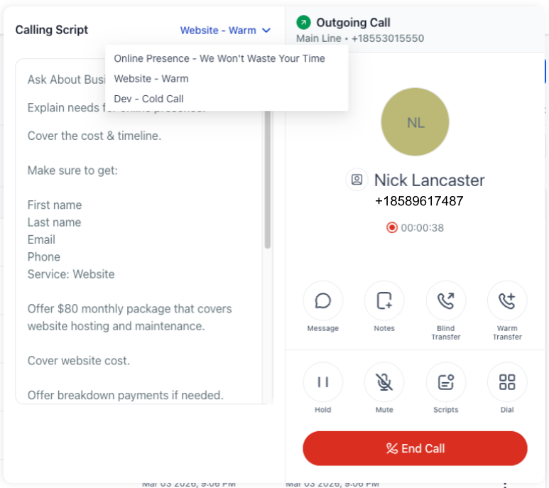 Phone script and calls log screenshot